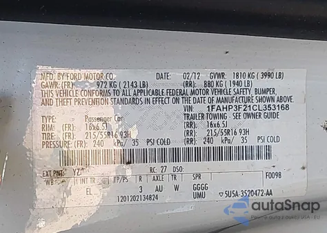 2012 Ford Focus Se from USA, damaged, VIN 1FAHP3F21CL353168